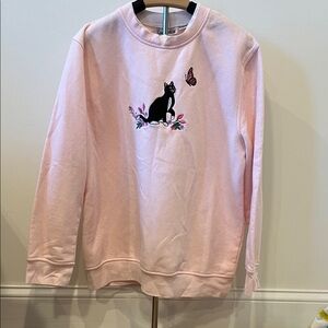Pink Sweatshirt with embroidered Cat and Butterfly Design Large